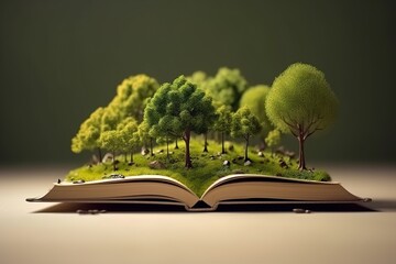 Book and tree. Abstract green trees and ground in book. 