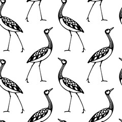 Vector seamless pattern with hand drawn graceful bird made in decorative style. Beautiful animal design elements, ink drawing. Perfect for prints and patterns