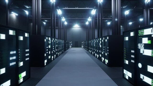 Server room with large racks used for big data cloud computing concept, digital network interface with system information. Data technology center with multiple servers. 3d render animation.
