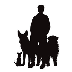 Vector silhouette of man with his happy dogs on white background.