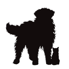 Vector silhouette of dog with cat on white background.
