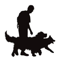 Vector silhouette of man with his happy dogs on white background.