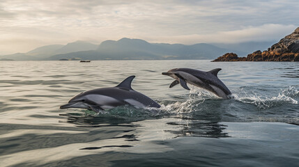Dolphins jumping out of the water at sunset