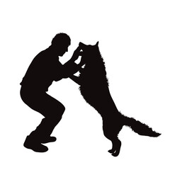 Vector silhouette of dancing man with his happy dog on white background.