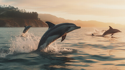 Obraz premium Dolphins jumping out of the water at sunset