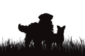 Vector silhouette of dogs standing in the grass in park.