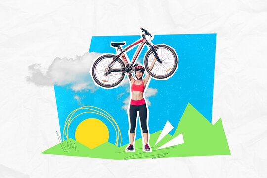 Poster banner pop sketch picture image collage of sportive strong girl champion hold raise bike celebrate victory drawing background