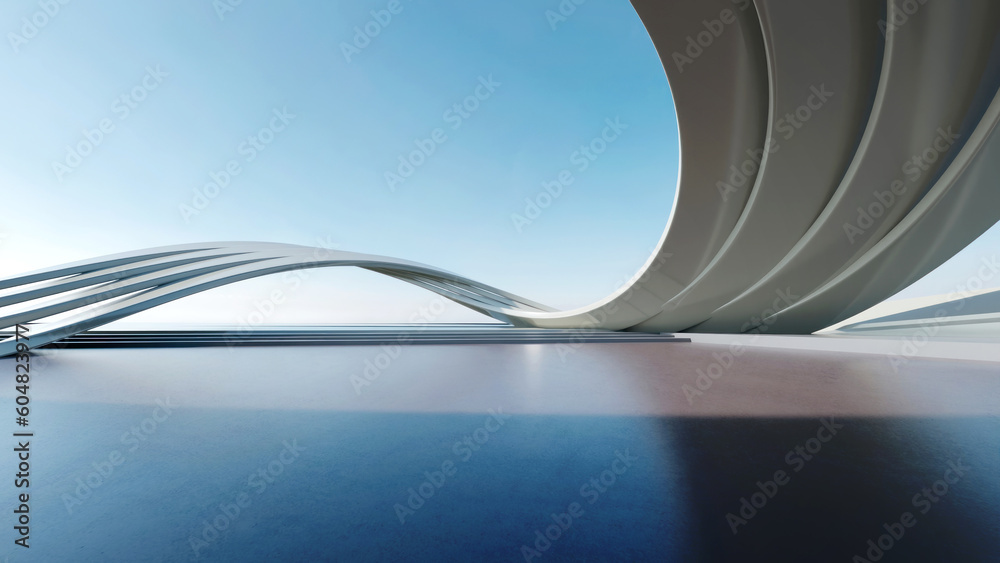 Poster 3d render of abstract futuristic architecture with empty concrete floor.