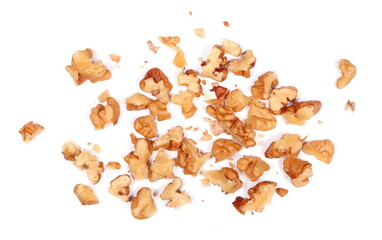  Walnut kernels, chopped pile isolated on white, top view