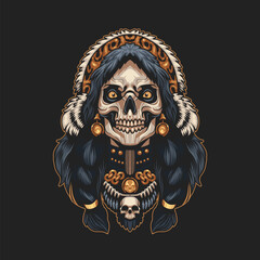 a vector illustration of a aztec warrior, a tiger shaman, skull wearing leopard mark headdress with skull necklace