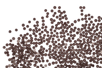 Dark chocolate drops isolated on white, top view