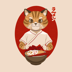 Illustration of a ginger tabby cat dressed as a japanese chef serving a traditional asian cuisine, a bowl of ramen with egg and Naruto as toppings