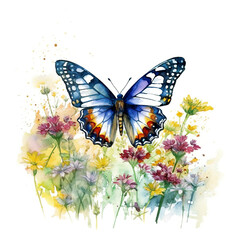 Obraz na płótnie Canvas A butterfly sitting on top of a flower filled field. Generative AI.