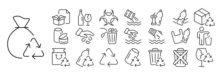 Set of recycling icons. Illustrations representing different types of recyclable materials and recycling activities such as paper, plastic, glass, metal, compost. Recycling concept.