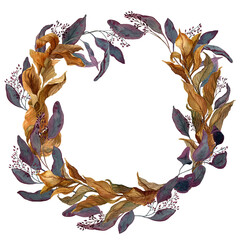 Hand drawn watercolor illustration of dried wreath with  eucalyptus and ruscus isolated on white background. Design for invitations, memorial events decor, autumn season prints. Botanical drawing