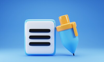 Clipboard with blue pen isolated on blue background. 3d rendering illustration