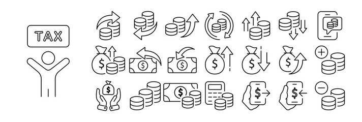 Set of money and finance icons. Illustrations representing various financial concepts and symbols, including currency symbols, coins, banknotes, wallets, graphs, piggy banks. Money concept.