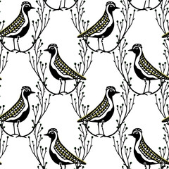 Vector seamless pattern with hand drawn cute European golden plovers in graceful laurel made in decorative style. Beautiful animal design elements, ink drawing. Perfect for prints and patterns