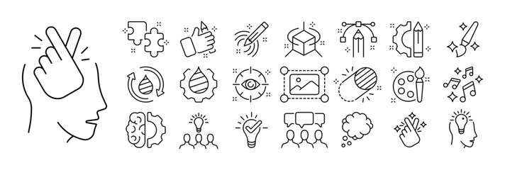 Set of creative icons. Illustrations representing various artistic and creative elements, including paintbrushes, pencils, palettes, musical notes, cameras, theater masks. Imagination concept.