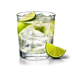 A zingy caipirinha cocktail in a rocks glass, isolated on a white background, created by Generative AI.

