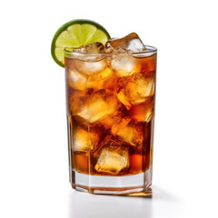 A dramatic dark 'n stormy cocktail in a highball glass, isolated on a white background, created by Generative AI.
