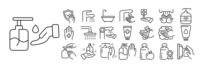 Fototapeta na wymiar Set of hygiene icons. Illustrations representing various aspects of personal hygiene and cleanliness, including toothbrush, toothpaste, soap, shower. Healthy habits concept.