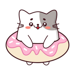 Cute white and gray cat in a kawaii style with a donut around the waist. A cat in a sweet donut. Vector illustration for prints, stickers, children's design
