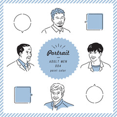 年配男性の表情ポートレート線画イラストセット（カラー）