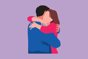 Cartoon flat style drawing pretty girl is hugging boy with smile. Cheerful man hugging and embracing woman. Romantic couple dating characters. Happy family concept. Graphic design vector illustration