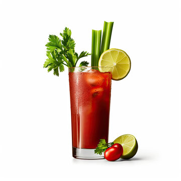 A savory bloody mary cocktail with garnishes, isolated on a white background, created by Generative AI.

