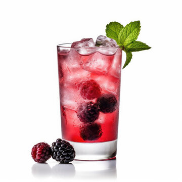 A refreshing bramble cocktail in a rocks glass, isolated on a white background, created by Generative AI.

