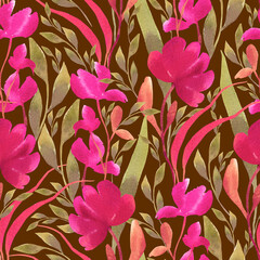 Stylized tropical flowers and herbs in a seamless watercolor pattern on a dark background. Fabric, texture, background for bed linen, wallpapers, napkins, wrapping paper. Endless botanical ornament.