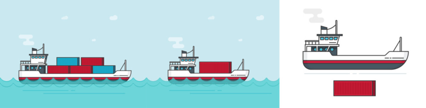 Ship container cargo vector, export marine boat industry line outline art big and small flat cartoon, international freight tanker vessel transportation in sea ocean clipart image illustration