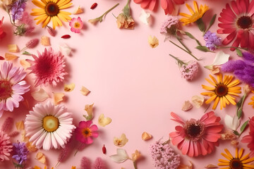 Wildflowers on a pink background with a place for text, colorful summer flowers. With Generative AI tehnology