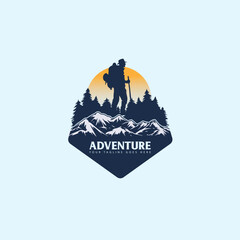 Adventure hiking logo vintage with sunset design vector image