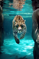 A leopard swimming in a pool of water. Generative AI.