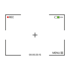 Video camera recording interface icon. An icon representing the user interface of a video camera during the recording process, showcasing elements such as a record button, timer, settings.