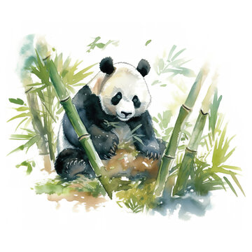 A watercolor painting of a panda bear eating bamboo. Generative AI.