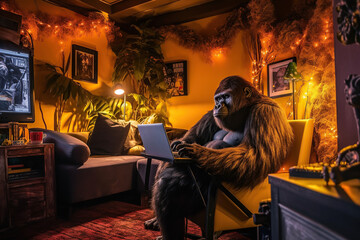 Obraz premium Image of a gen z gorilla freelancer working on a laptop in a vibrant man cave room.