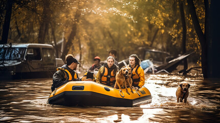 A group of people in a raft with a dog. Generative AI. Volunteers resque people and dogs in flooded zone, natural disaster resque efforts. - obrazy, fototapety, plakaty