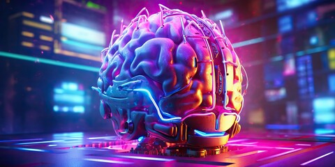 AI Generated. AI Generative. AI intelligence artificial brain head mind syntwave style future edication program. Graphic Art Illustration