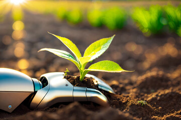 Environmental technology concept. Robot hand planting small plant with environment background. Artificial Intelligence and Technology ecology. generative ai.