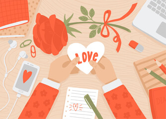 St. Valentine's Day greeting card. Vector illustration of school desk with hands holding valentine, rose, notebooks and laptop. Flat lay. Girl with greeting card. 