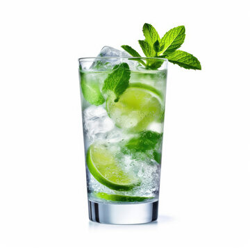 A crisp mojito cocktail with fresh mint leaves, isolated on a white background, created by Generative AI.

