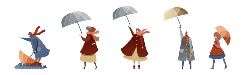 People Characters Struggling to Hold Umbrella in Windy and Stormy Weather Vector Illustration Set