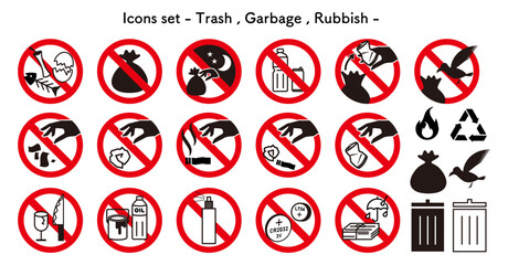 ゴミに関連する「禁止」「注意」「警告」のアイコンセット