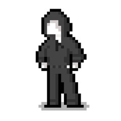 Pixel art black hood man character.