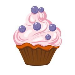 Chocolate cupcake with pink cream and blueberries. Modern flat Illustration on transparent background