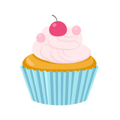 Cupcake with a pink cream and cherry. Modern flat Illustration on transparent background