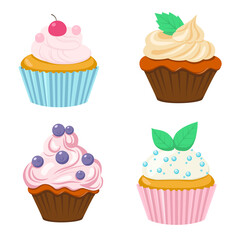 Collection of various cupcakes with cream. Modern flat Illustration on transparent background